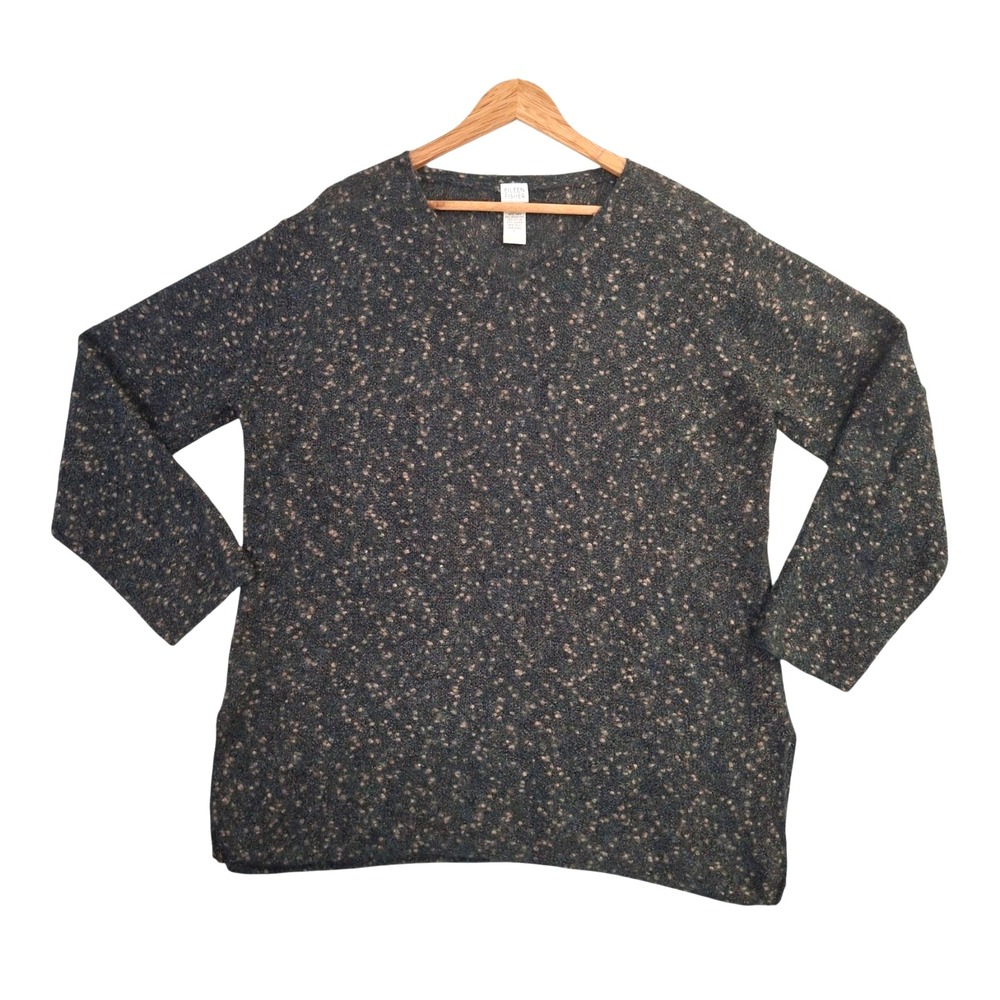 Eileen Fisher Merino Wool Mohair V-Neck Sweater Charcoal Grey Flecked Large